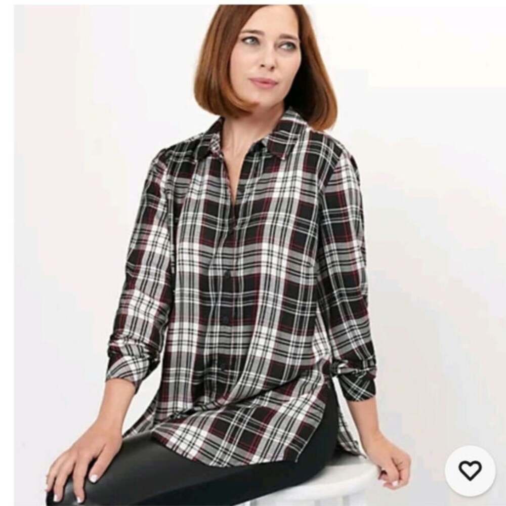 Susan Graver Yard Dyed Plaid Button Front Shirt w/ Tie Keyhole Neck Women Large